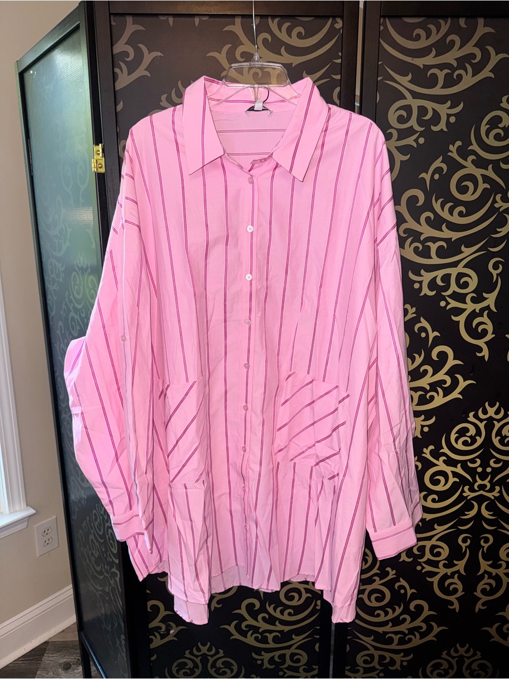 Fashion Nova Pink Striped Oversized Button-Up Shirt Dress
